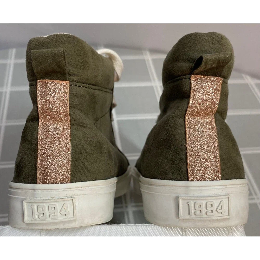 Girls Sz 12 Old Navy Olive & Rose Gold Sparkle & Eyelets Lace up Sneakers Shoes
